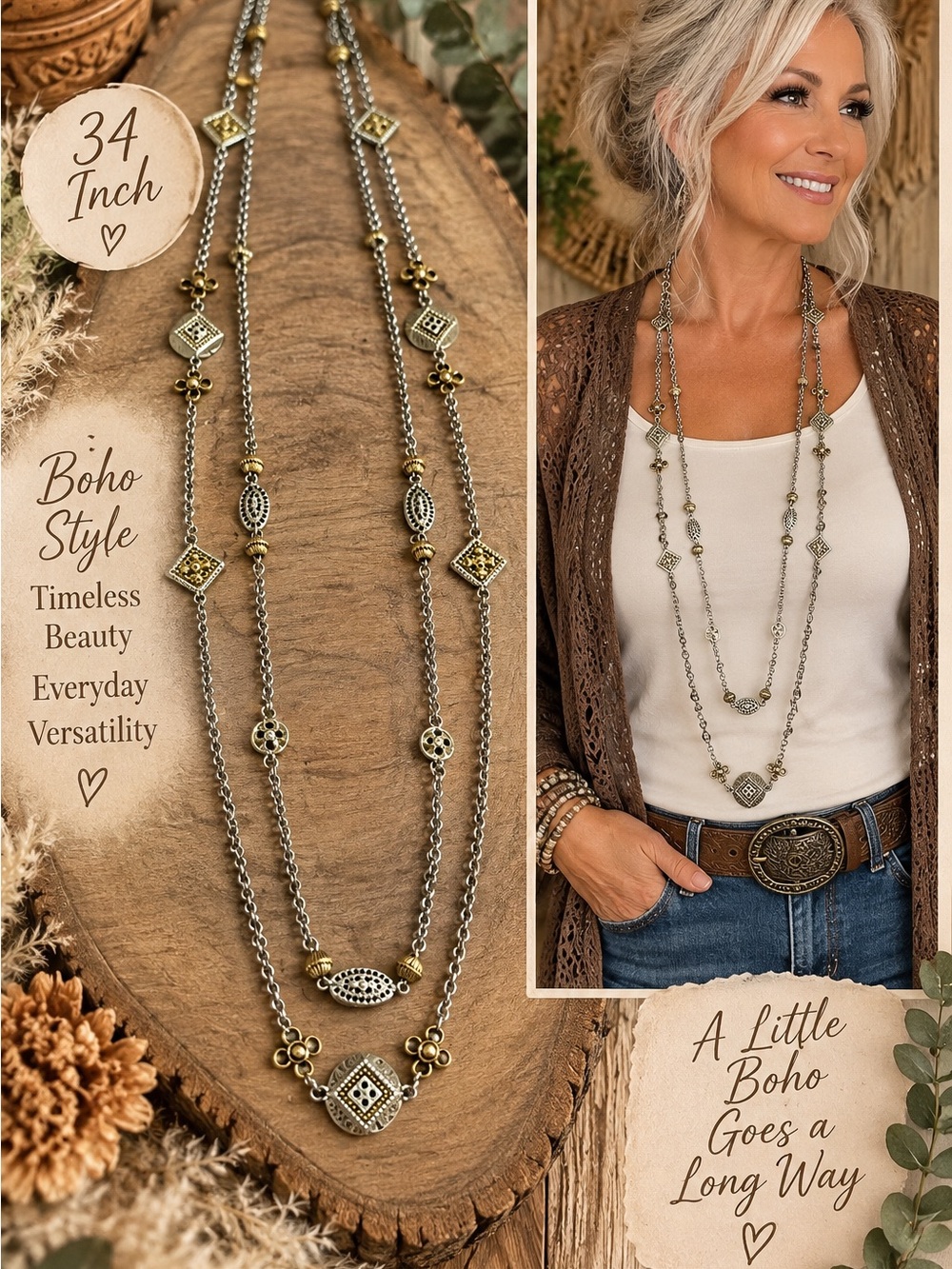 727 Layered Boho Mixed Metal Necklace - Silver & Gold Tones